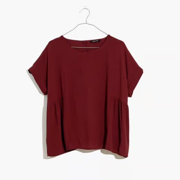 NWT Madewell Maroon Cuffed Short Sleeve Crepe Shirred Top - Picture 1 of 7